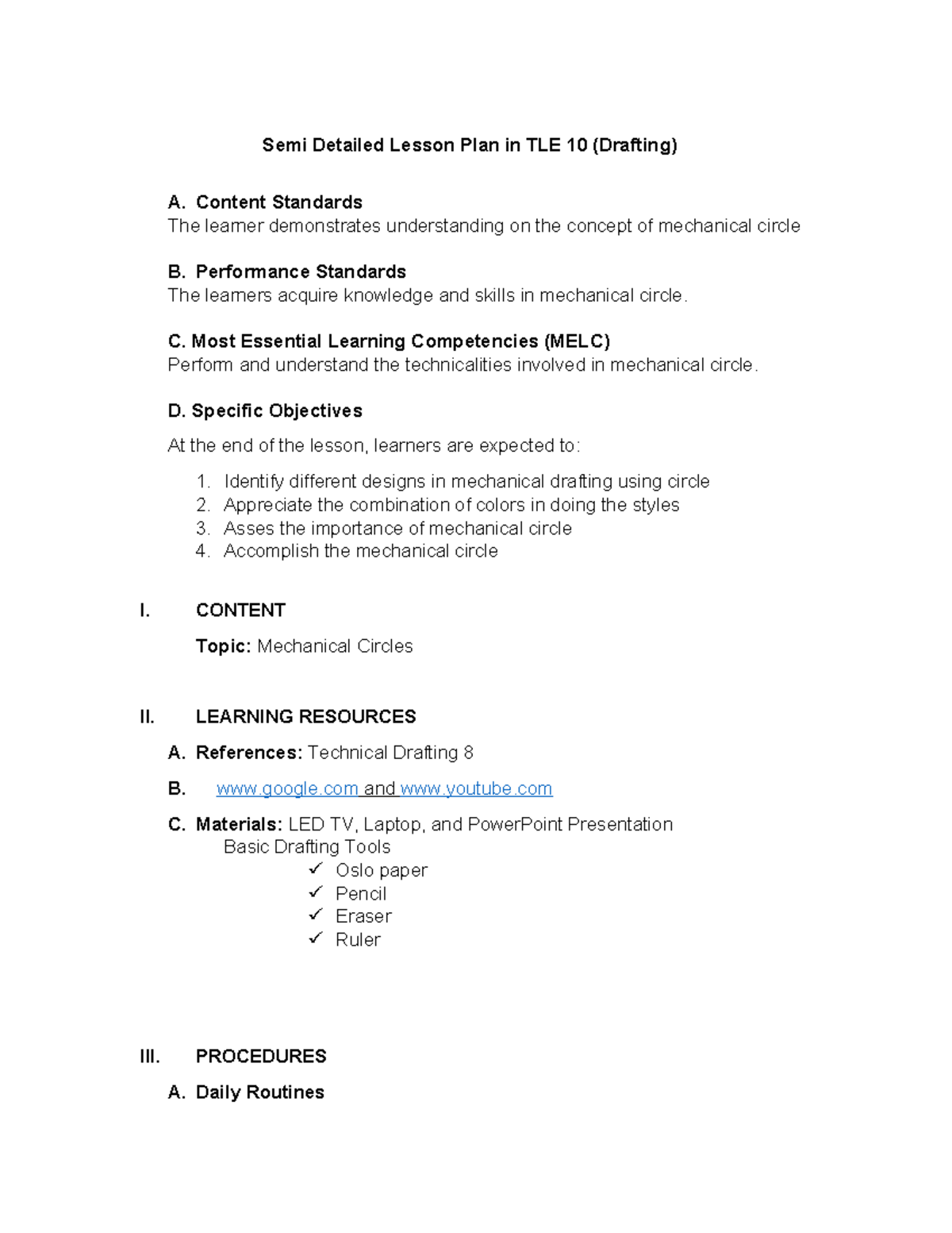 NEW Topic Mechanical Cirle - Semi Detailed Lesson Plan in TLE 10 ...