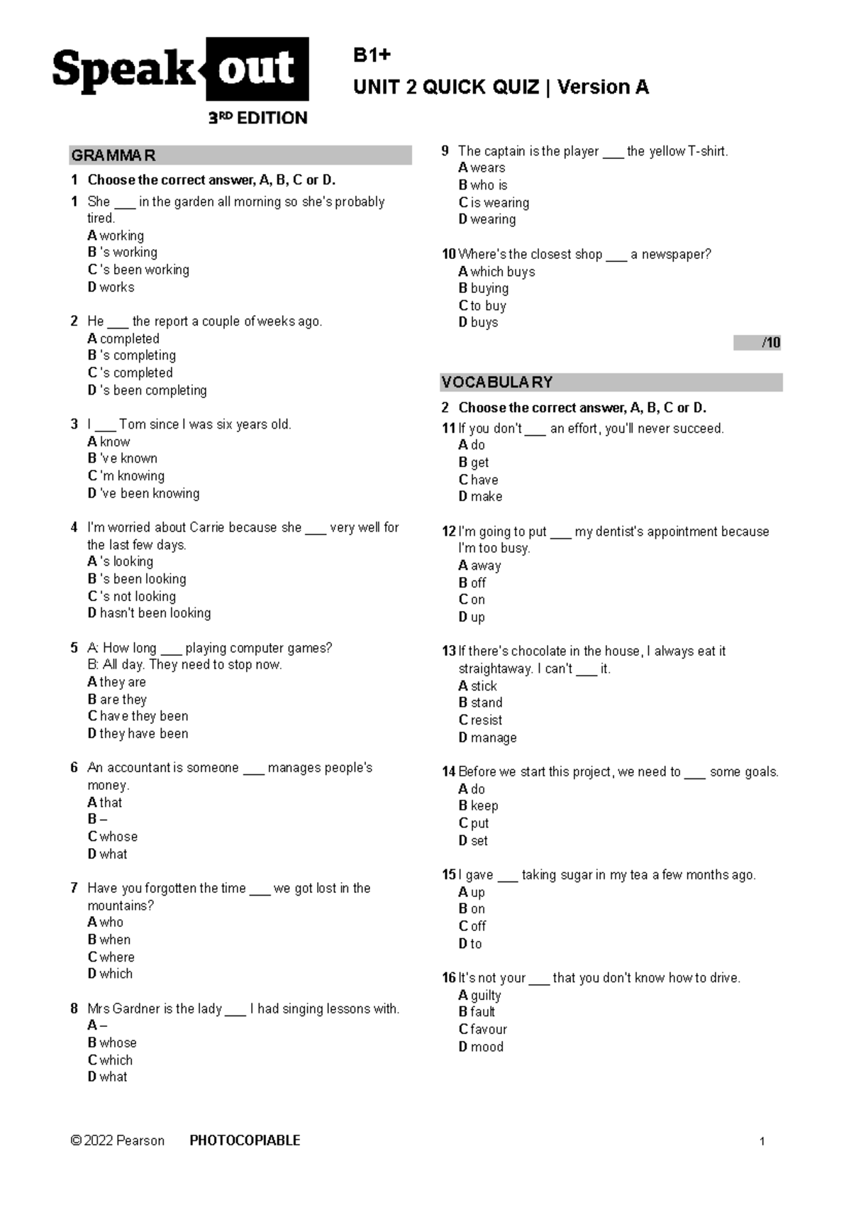 TEST UNIT 2 QUICK QUIZ - GRAMMAR & VOCABULARY - Studocu