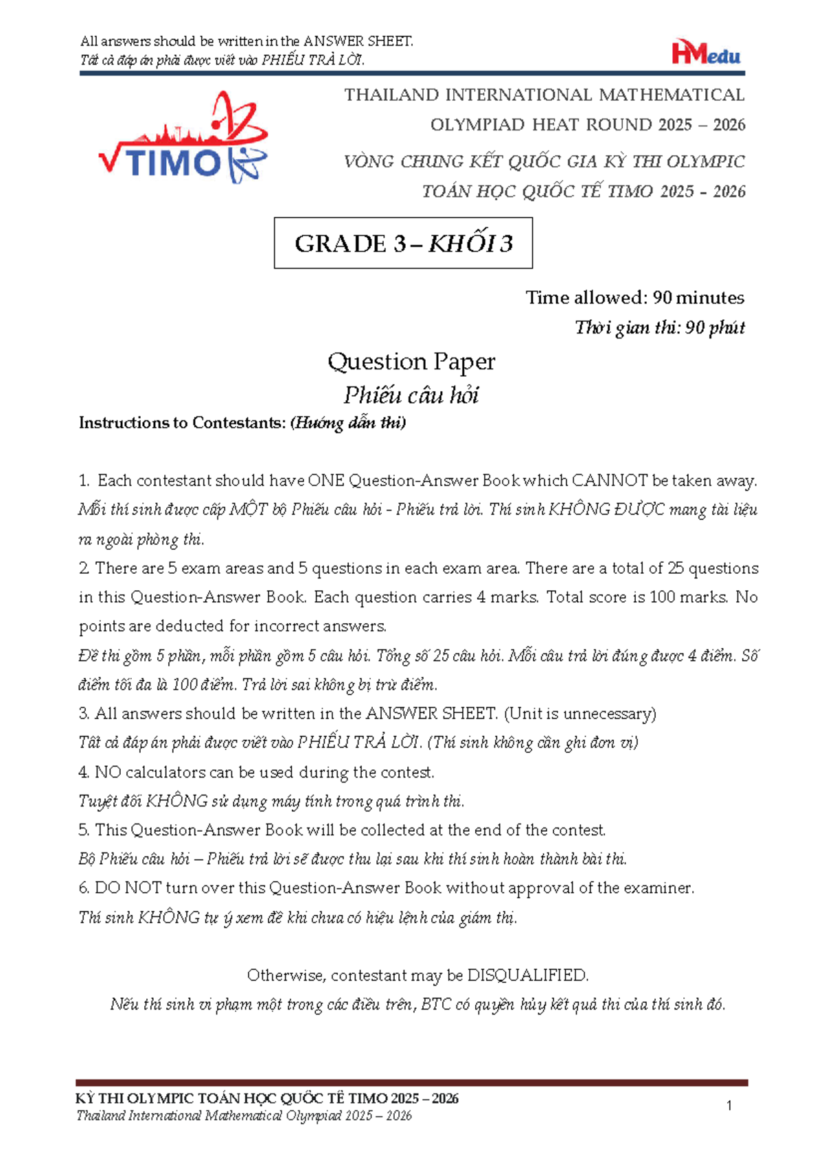 TIMO 3 2025 Official Exam Paper - Thailand International Mathematical ...