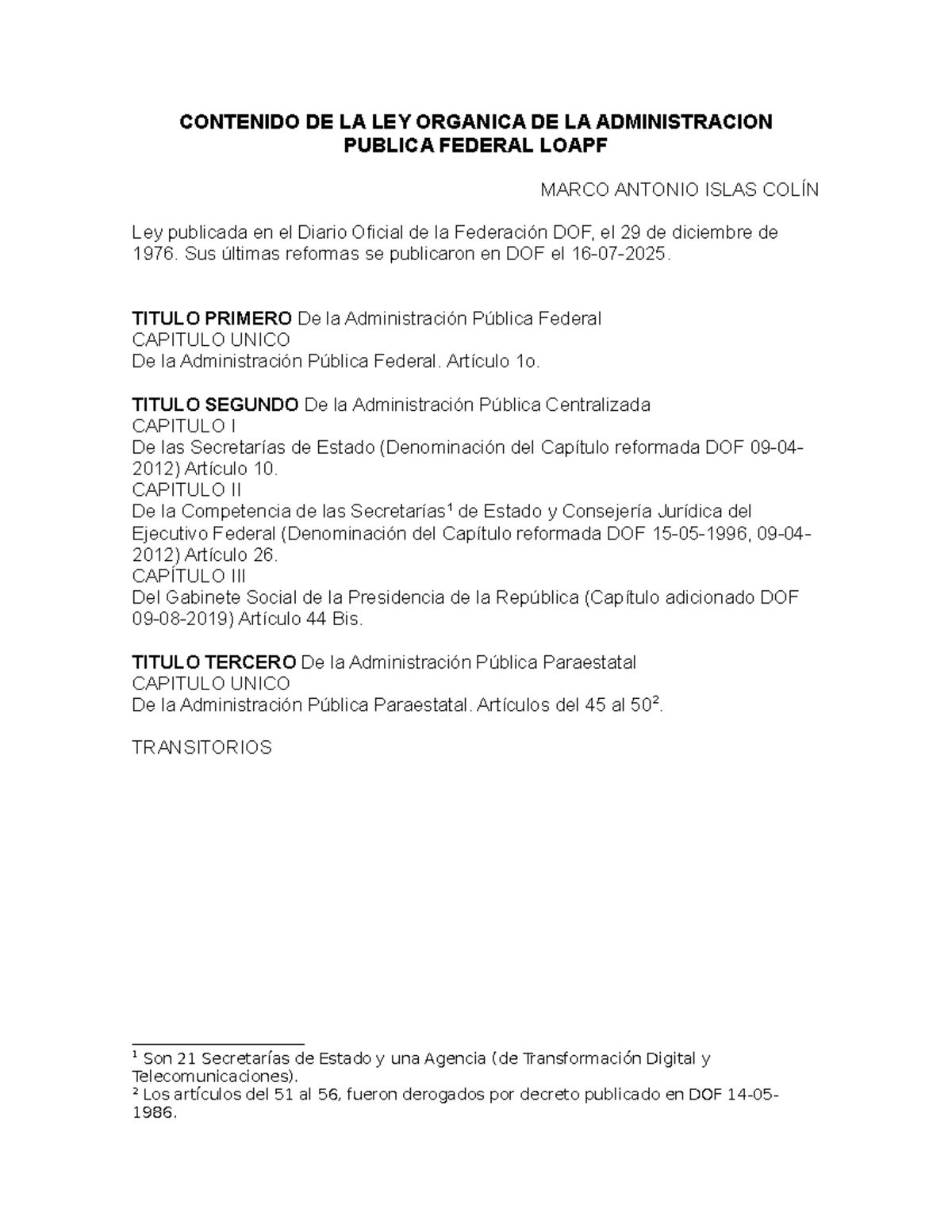 Contenido de la Ley Orgánica de la Administración Pública Federal ...
