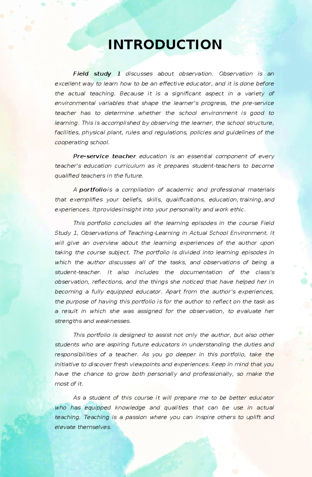 Compilation, Narrative, Cover, Intro,ACK - INTRODUCTION Field study 1 ...