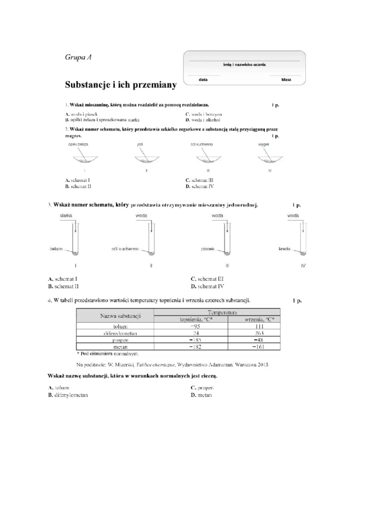 Sprawdzian Chemia 1 Gimnazjum świat Substancji www.studocu.com
