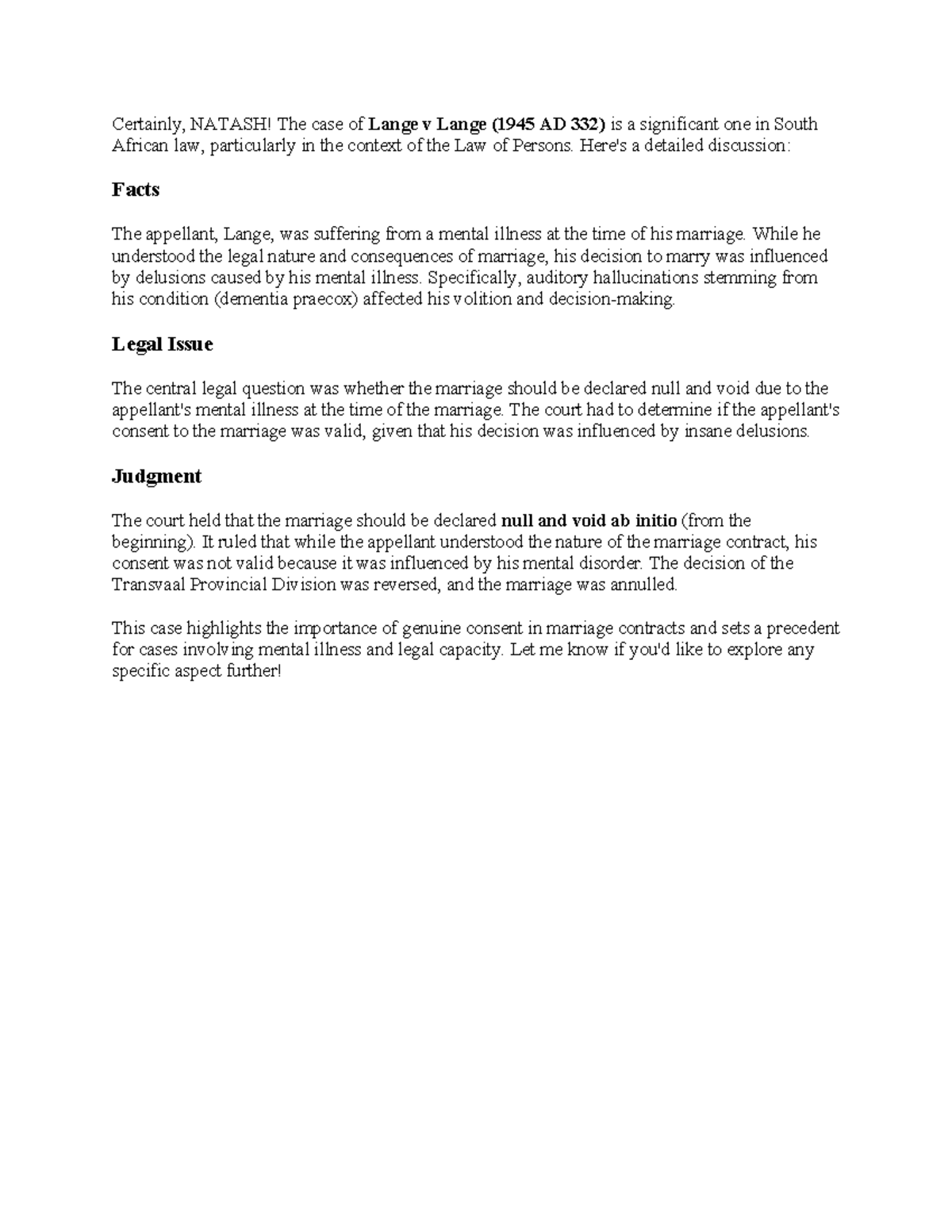 Lange v Lange 1945 AD 332: Case Analysis on Mental Illness & Consent ...