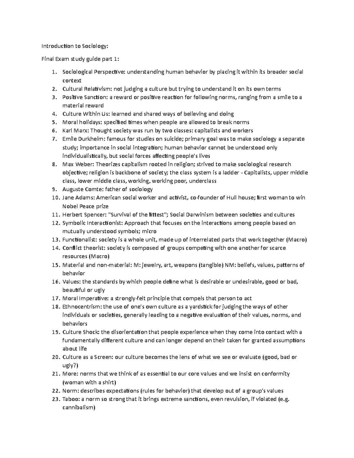 Sociology 101: Final Exam Study Guide Part 1 Overview - Studocu