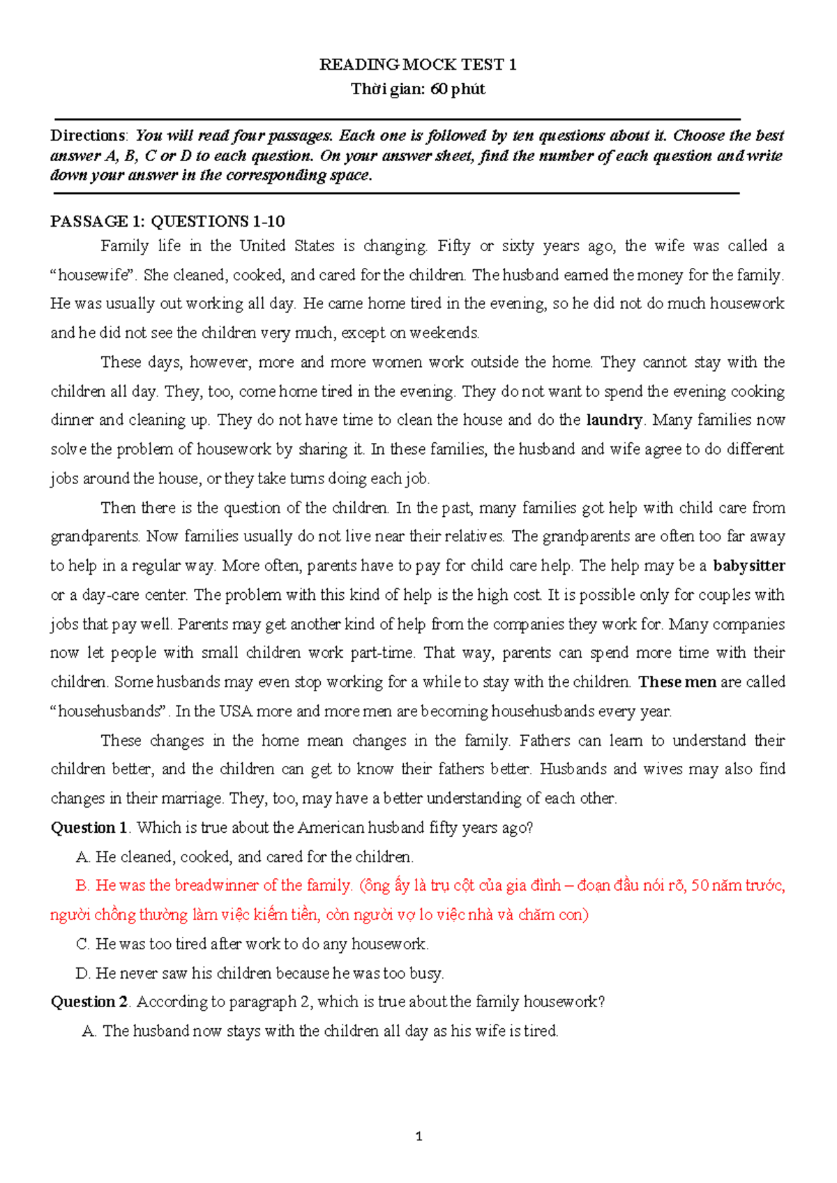 Reading MOCK TEST 1 - Family Life & Business Structure Analysis - Studocu