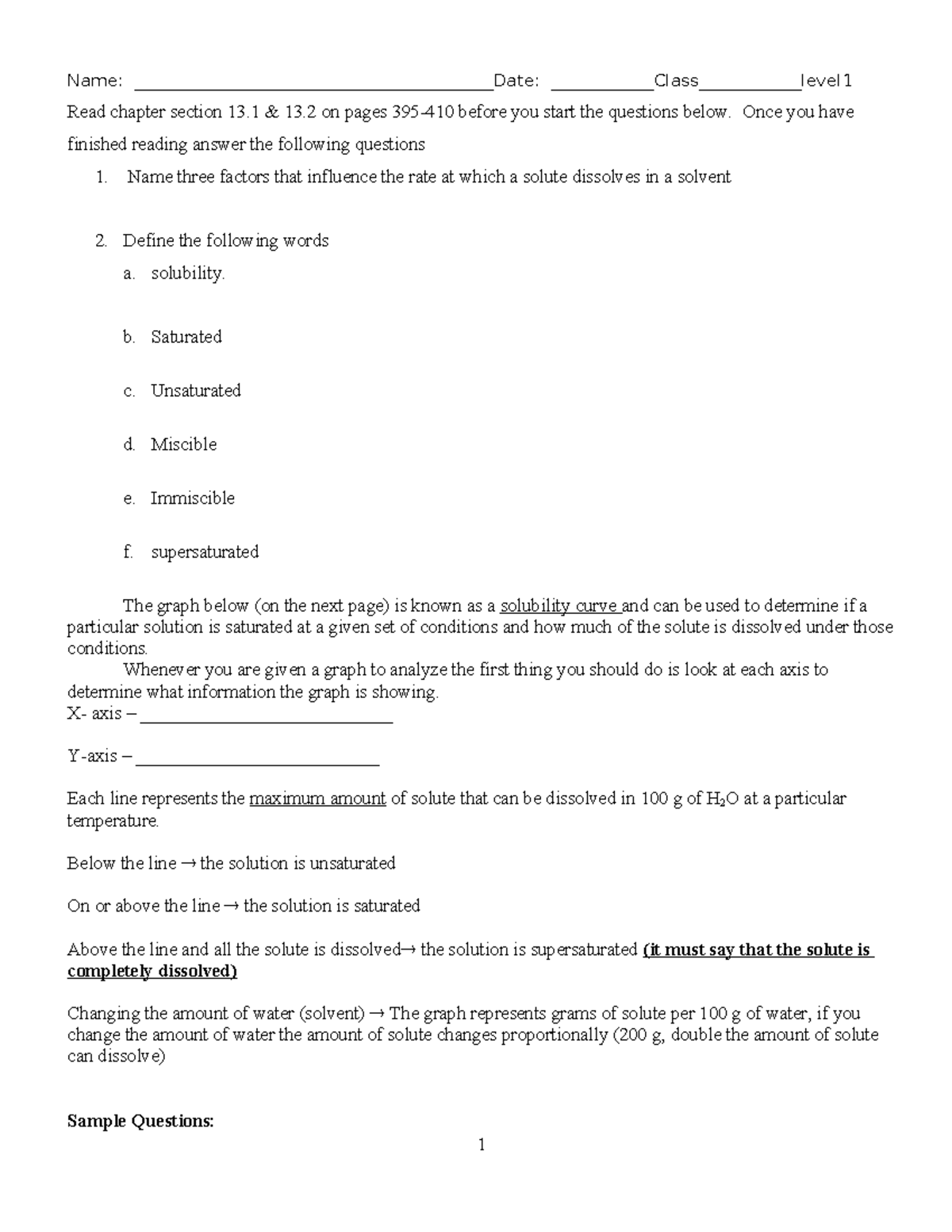 Solubility Curve Practice Worksheet for Chemistry 101 - Studocu