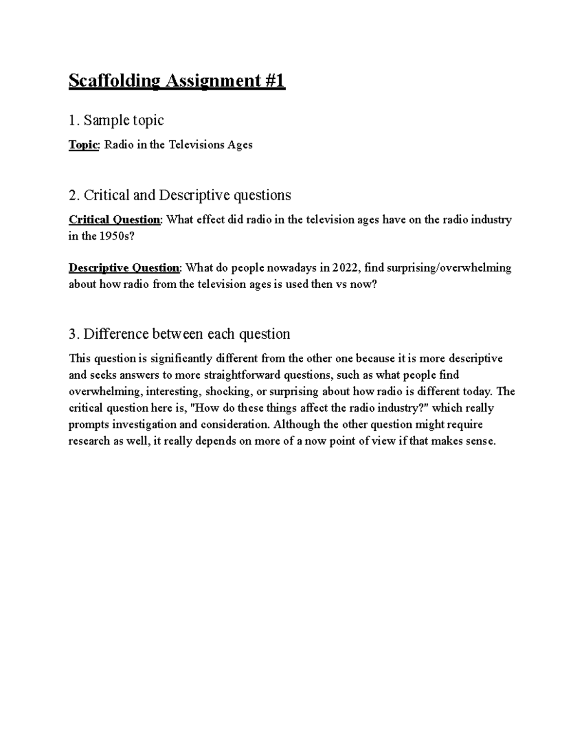 WSA1 - easy B - Scaffolding Assignment 1. Sample topic Topic: Radio in ...