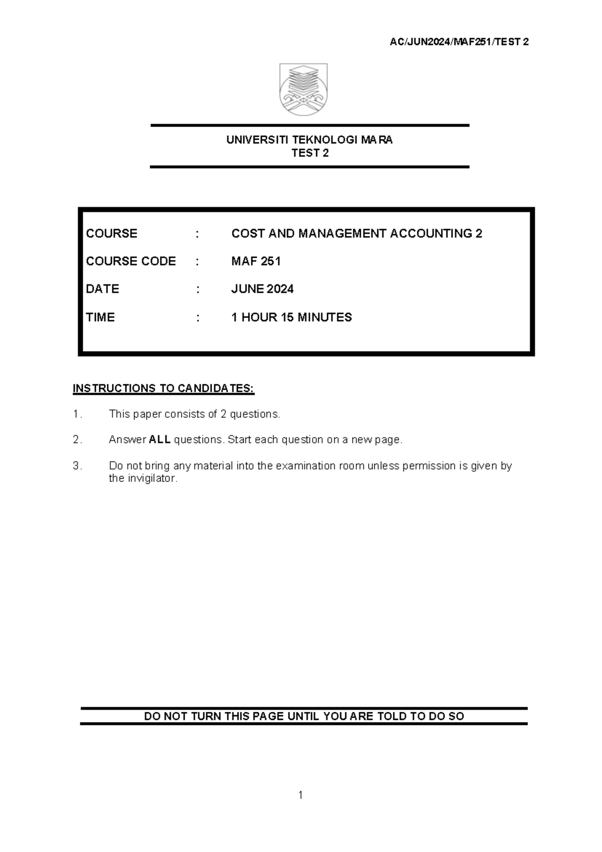 MAF 251 - Test 2: Cost & Management Accounting June 2024 - Studocu