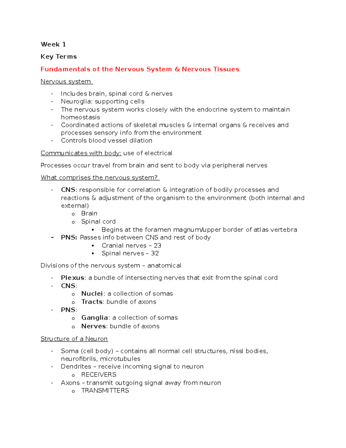 Biol 101: Week 1 - Fundamentals of the Nervous System Overview - Studocu
