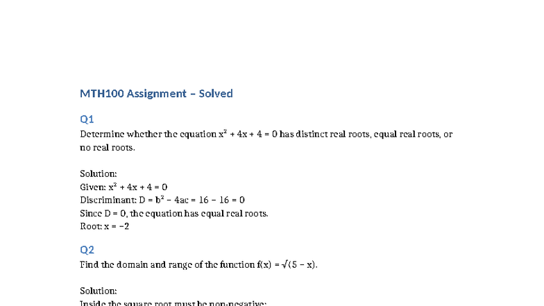 MTH100 Assignment Solved: Roots, Functions, and Conjugates - Studocu