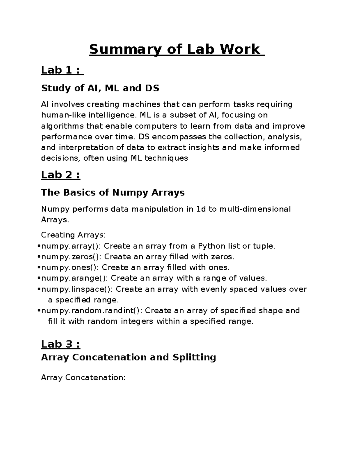 Lab Work Summary: AI, ML, Numpy, Pandas, and Visualization Techniques ...