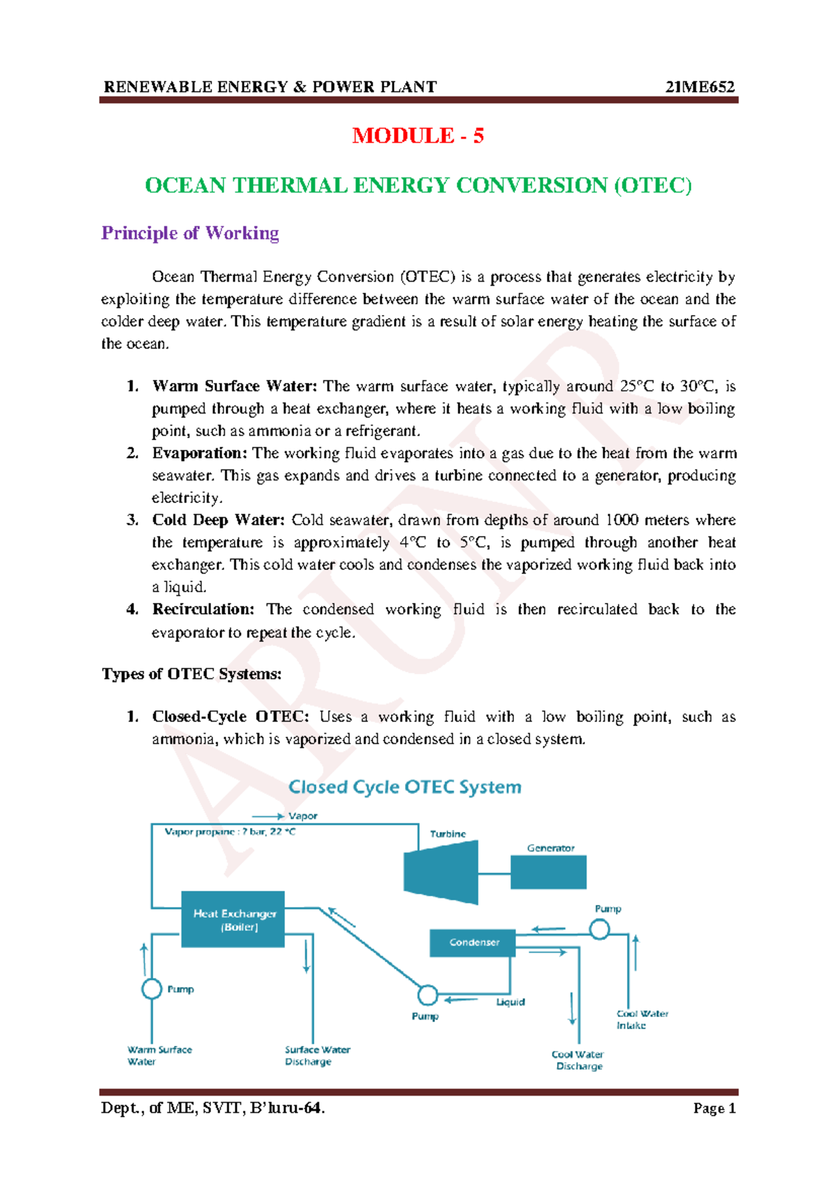 RENEWABLE ENERGY POWER PLANT 21ME652 MODULE 5 OCEAN THERMAL ENERGY ...