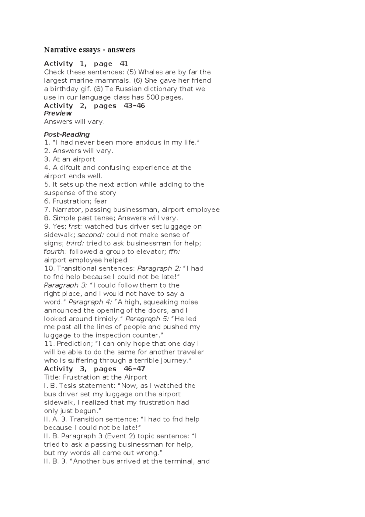 Narrative essays - answers - Narrative essays - answers Activity 1 ...
