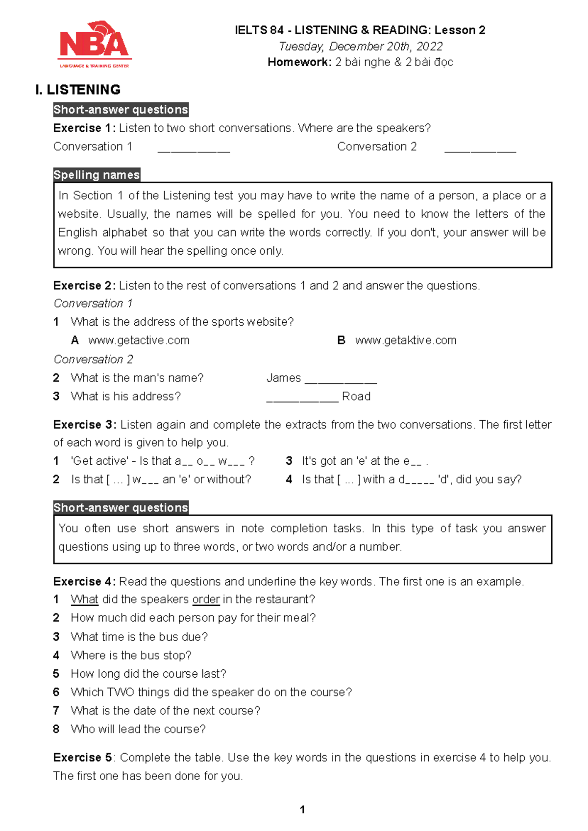 I84 - LR2 - Listening & Reading Homework: Exercises and Tips - Studocu