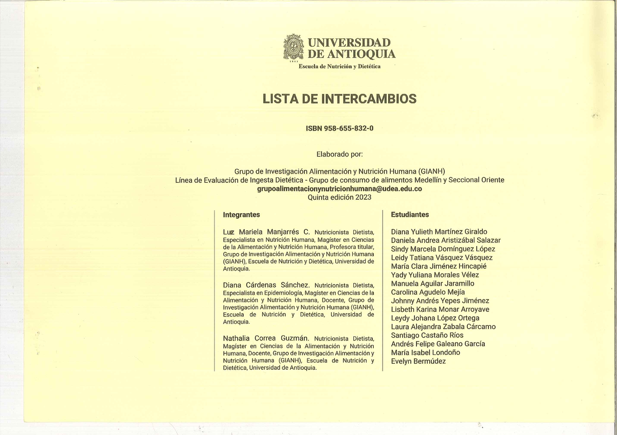 Lista de Intercambios de Alimentos - GIANH - Escuela de Nutrición 2023 - Document Preview