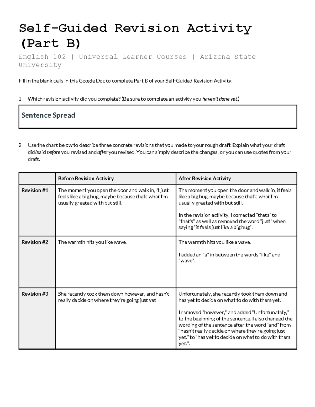 Self-Guided Revision Activity (Part B) for English 102 - Studocu
