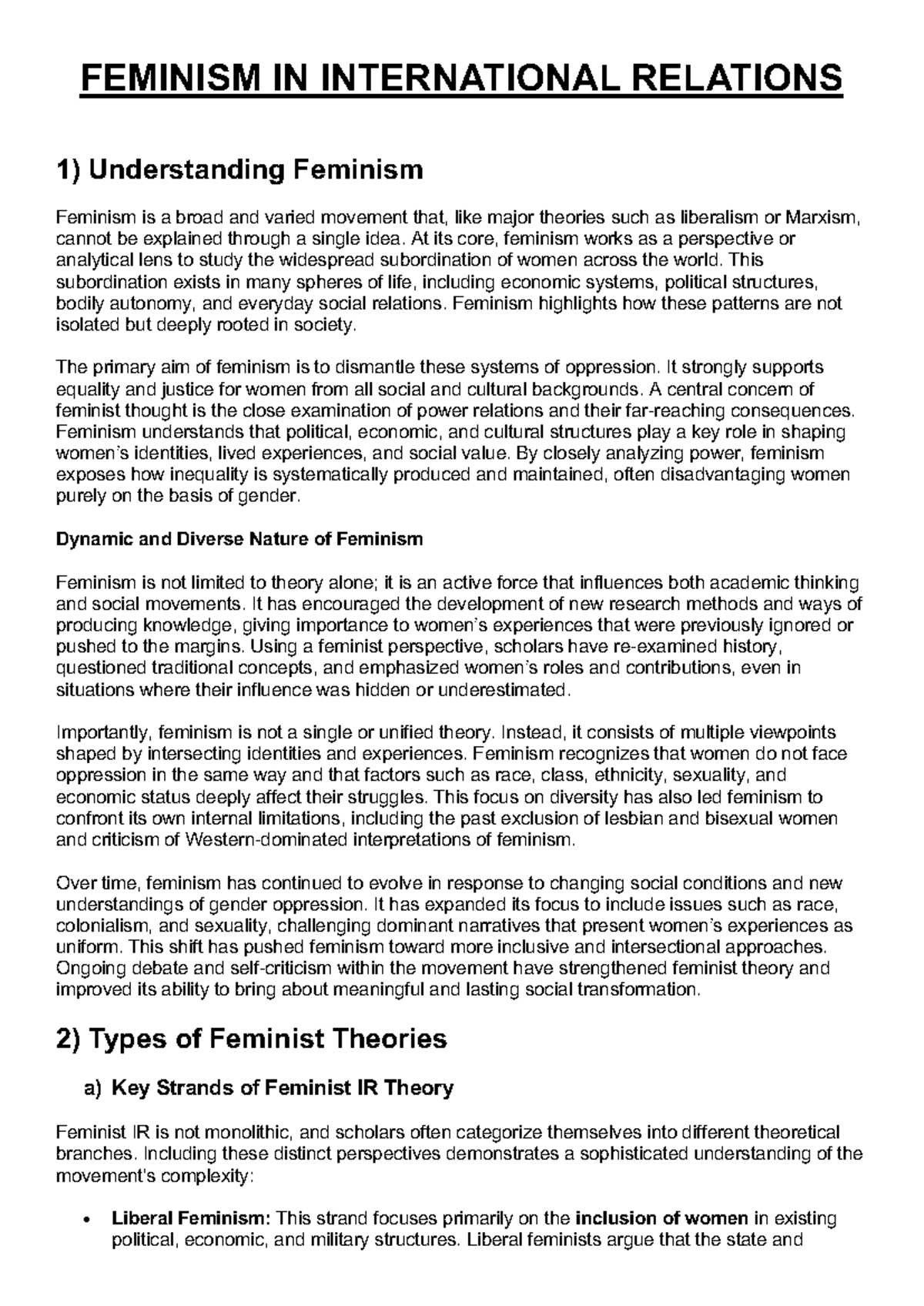 Feminism in International Relations: SEM 5 Insights and Theories - Studocu