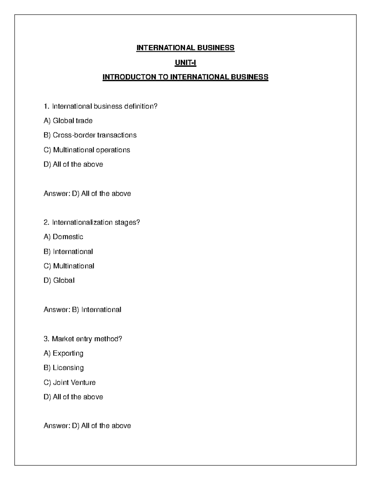 International Business MCQs: Intro to IB Concepts & Theories - Studocu