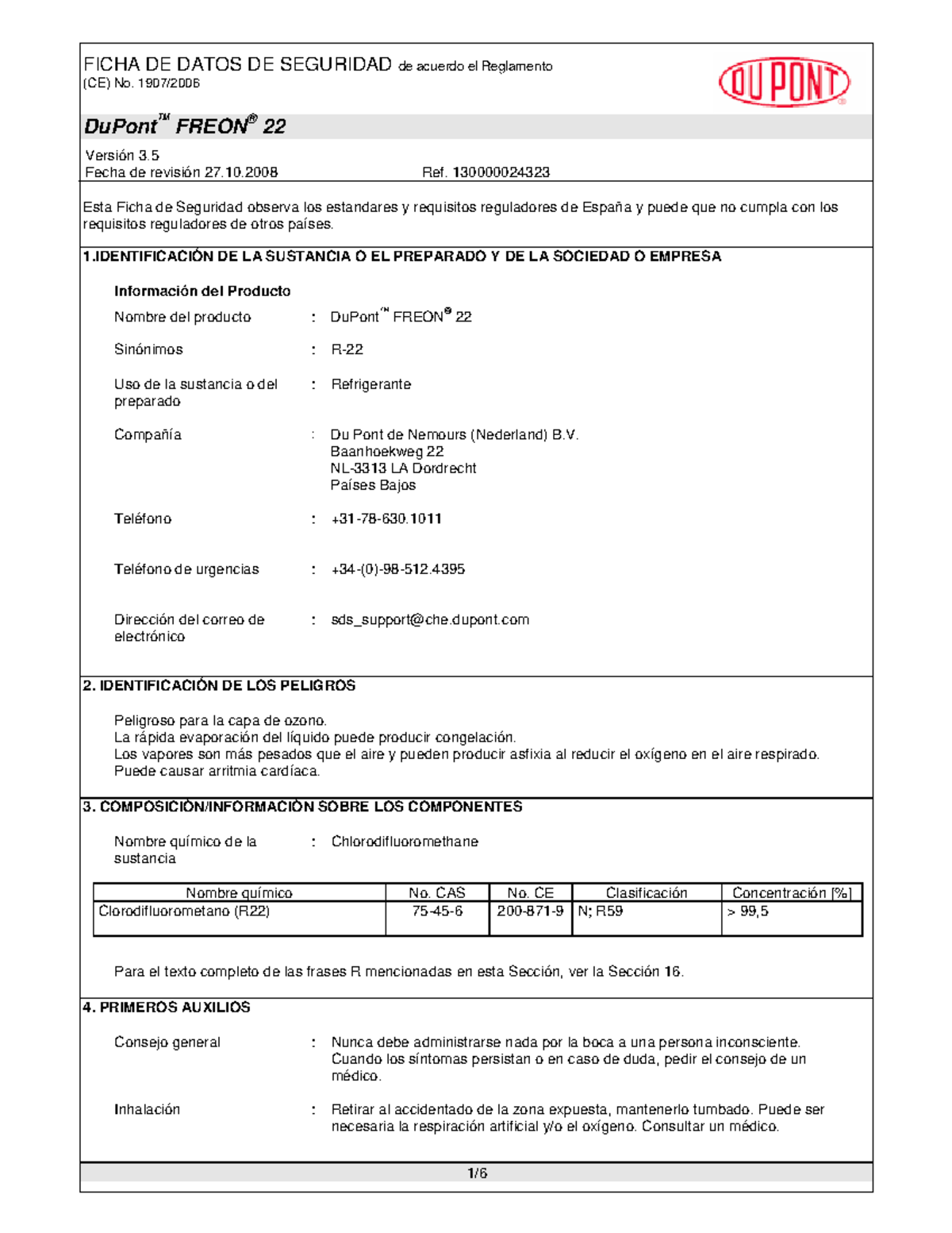 Ficha de Seguridad - DuPont FREON R22 (MSDS) - Studocu