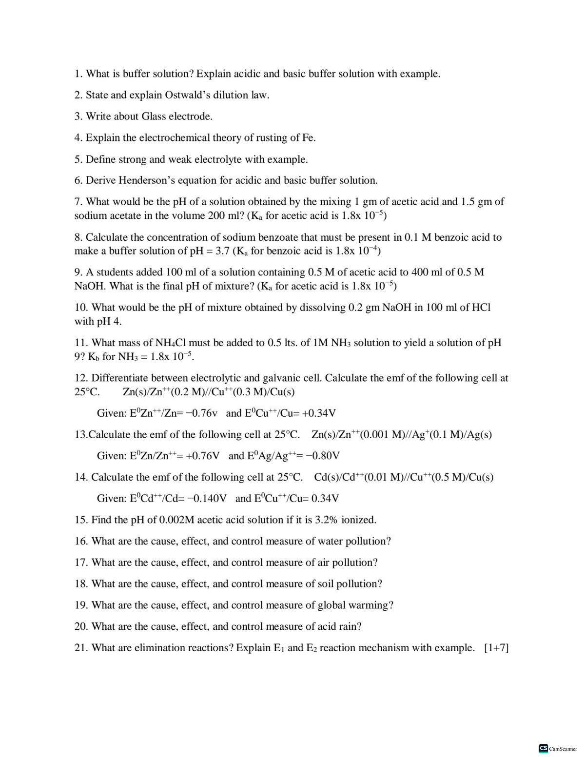 Chemistry Questions: Buffer Solutions, Electrolytes, and Pollution ...