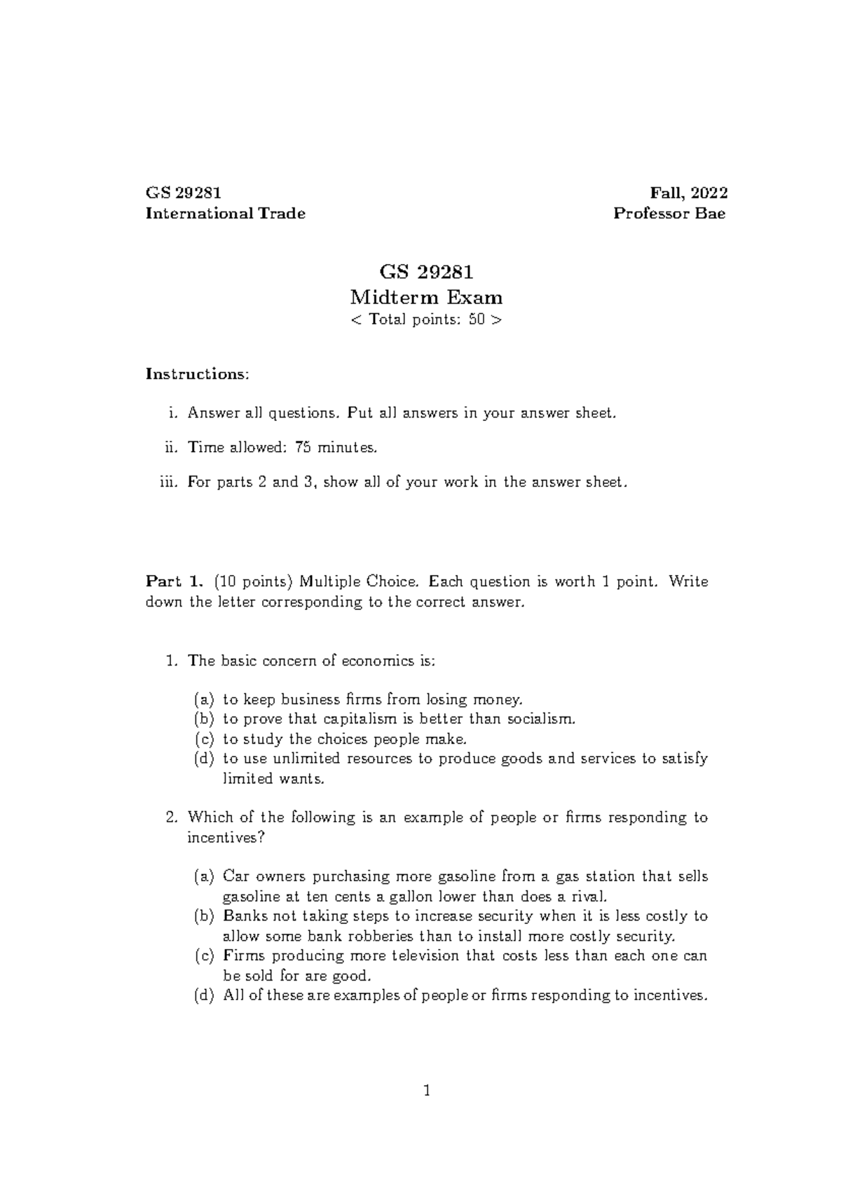 Trade Mid Term - 중간고사 답안 - GS 29281 Fall, 2022 International Trade ...