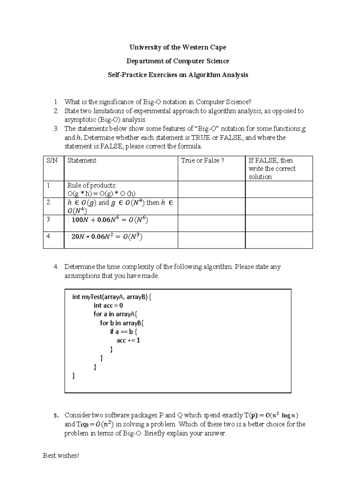 Self Practice Exercises on Algorithm Analysis - CS 101 - Studocu