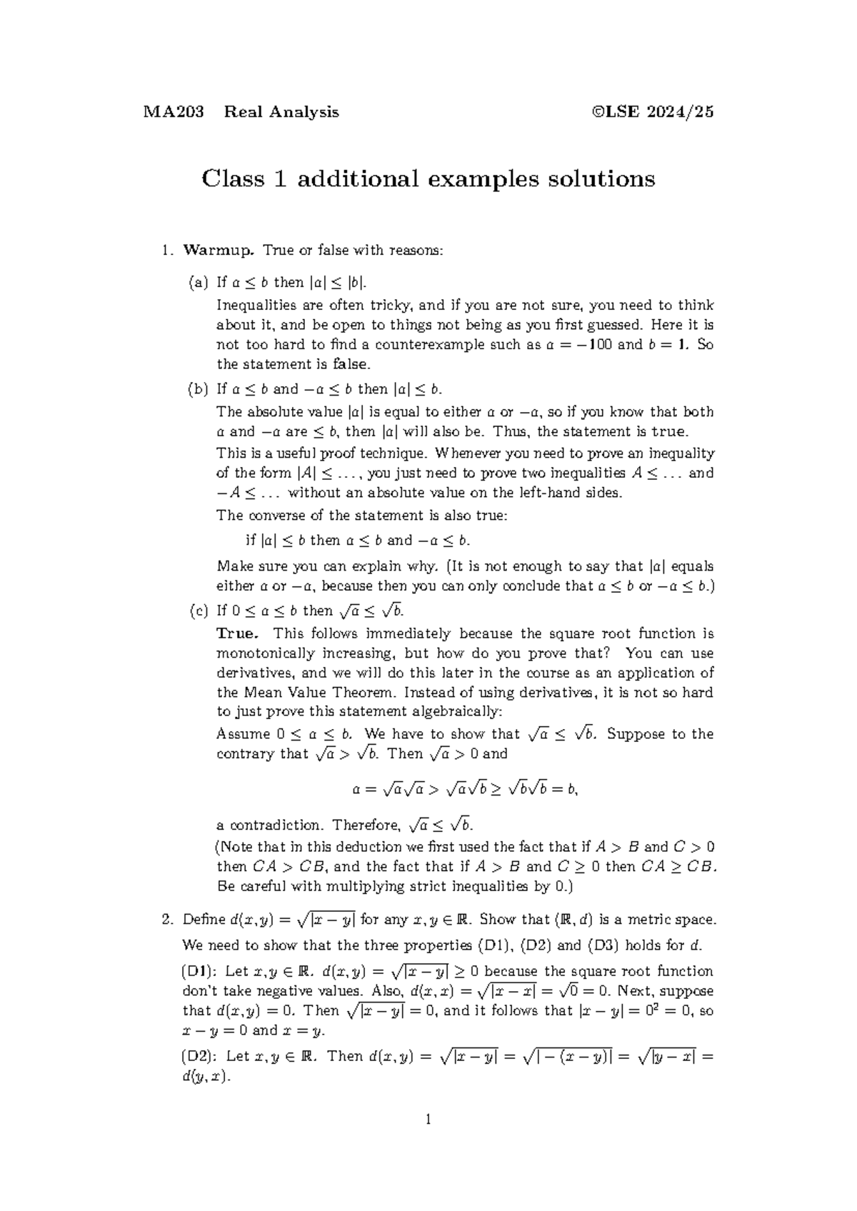 MA203 AT2024 Class 1 Solutions: Real Analysis Example Problems - Studocu