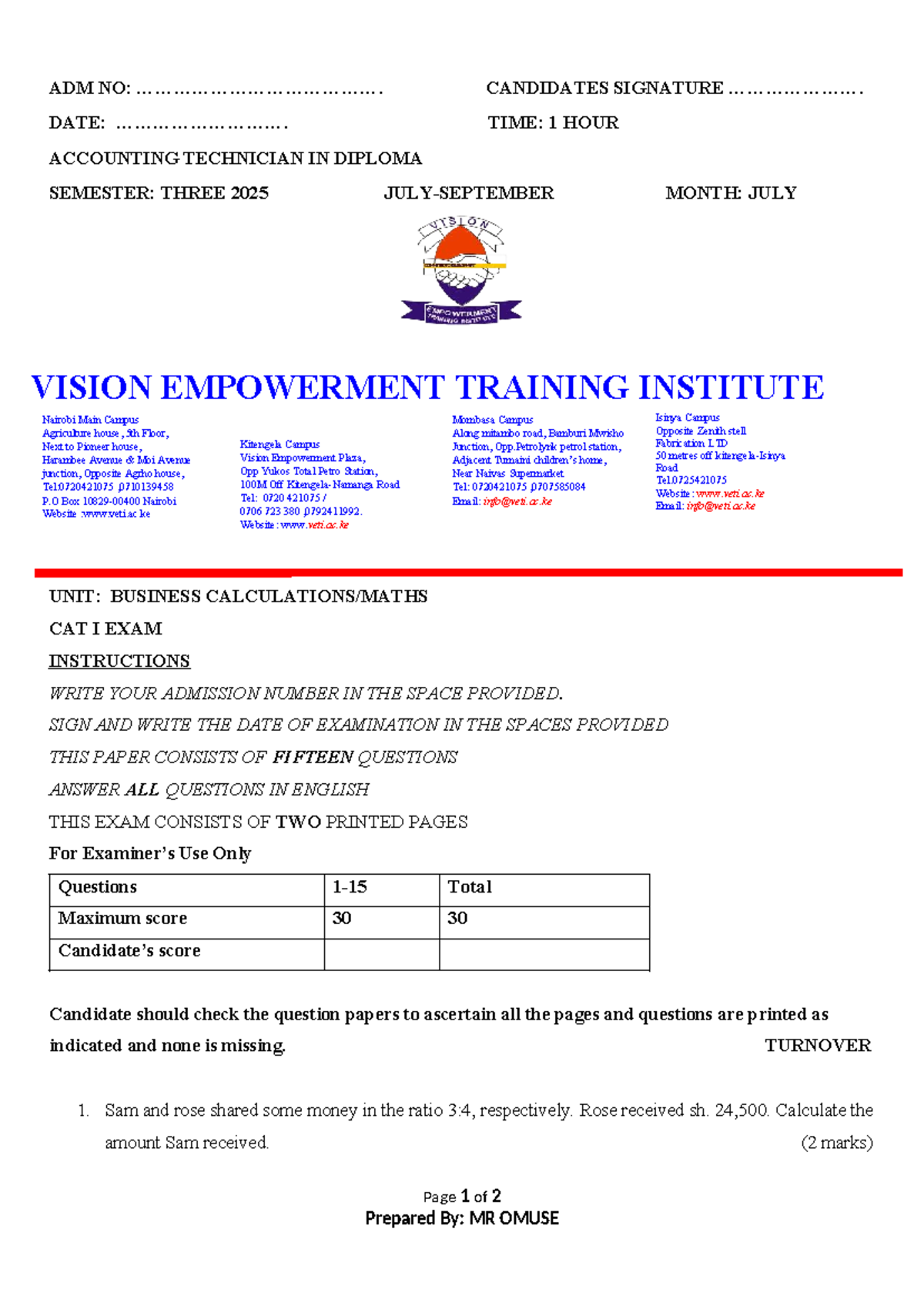 3-ATD Business Maths - Exam Instructions & Sample Questions - Studocu