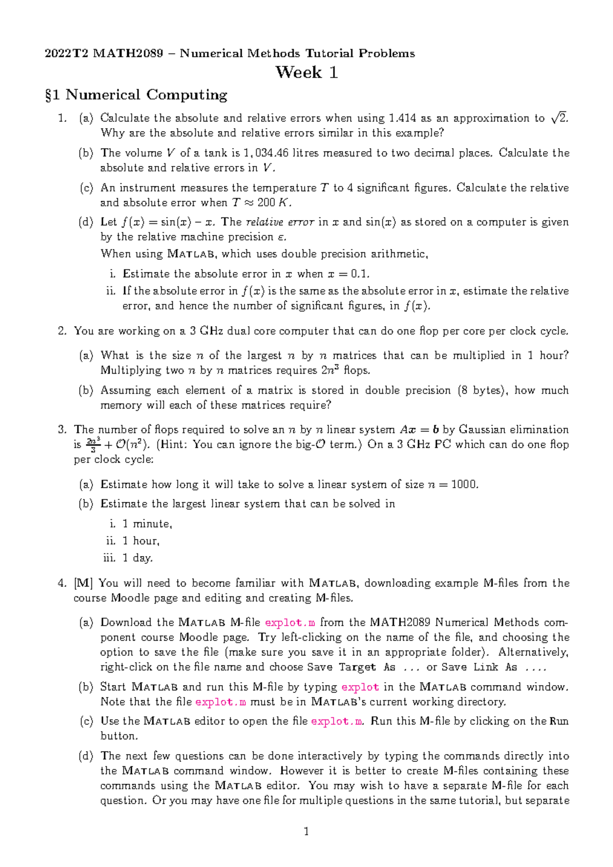 MATH2089 NM Tutorial Problems - 2022T2 MATH2089 – Numerical Methods ...