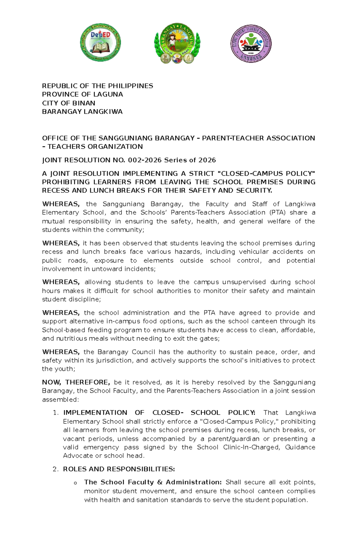 Joint Resolution No. 2026: Closed-Campus Policy for Langkiwa Elementary ...