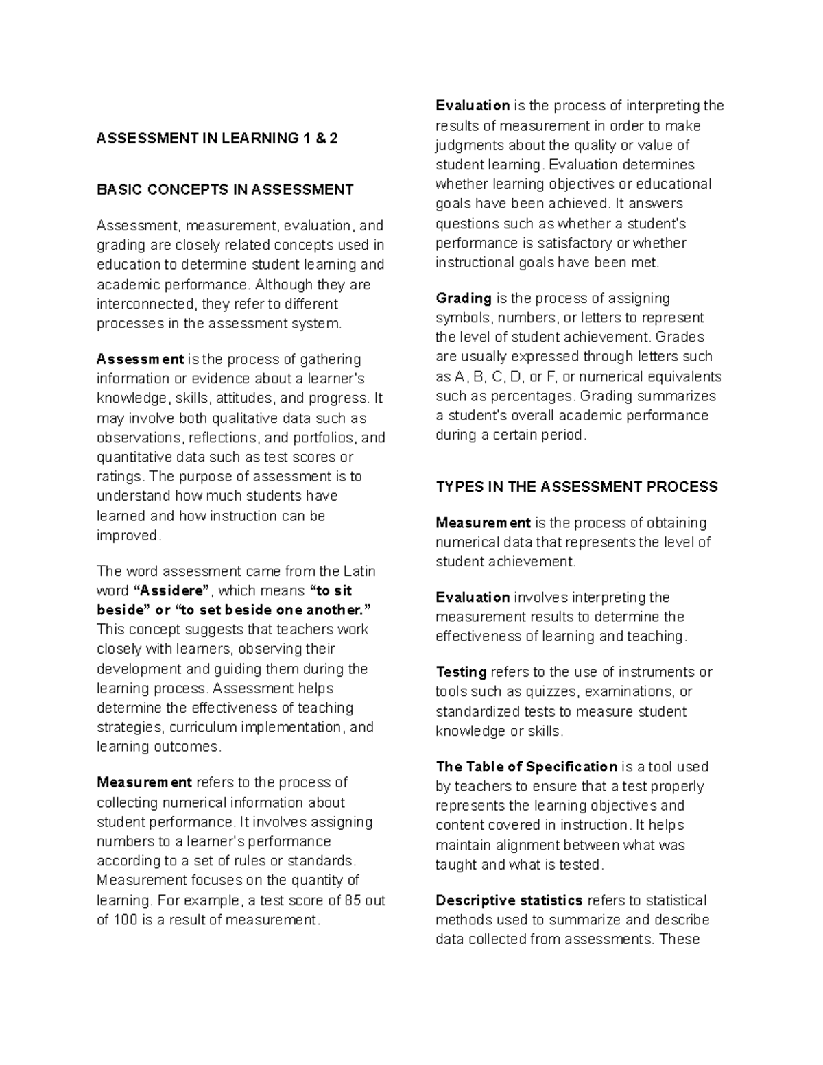 Assessment in Learning 1 & 2: Key Concepts and Processes - Studocu