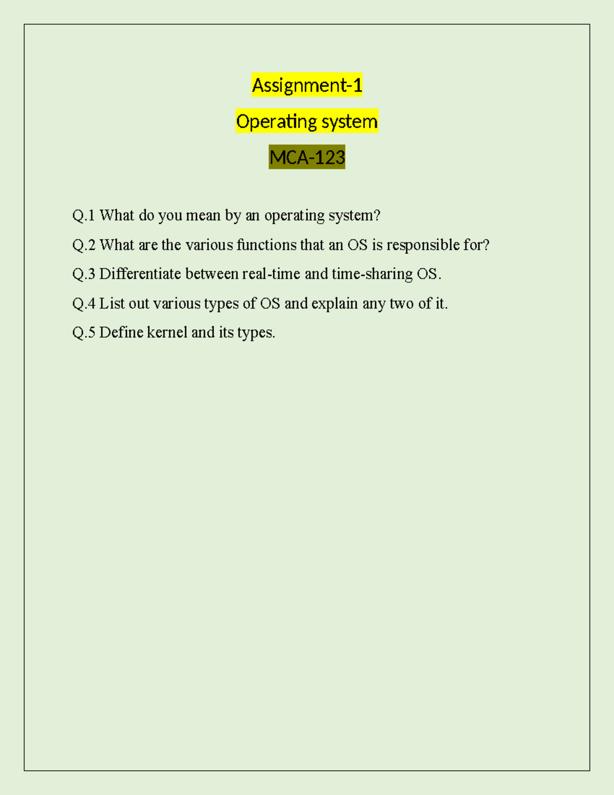 Assignment 1 OS MCA - Operating Systems - Assignment- Operating system ...