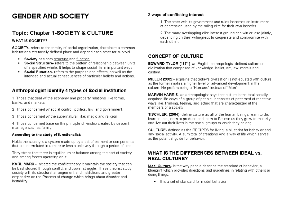 GE ELEC - Gender and Society - GENDER AND SOCIETY Topic: Chapter 1 ...