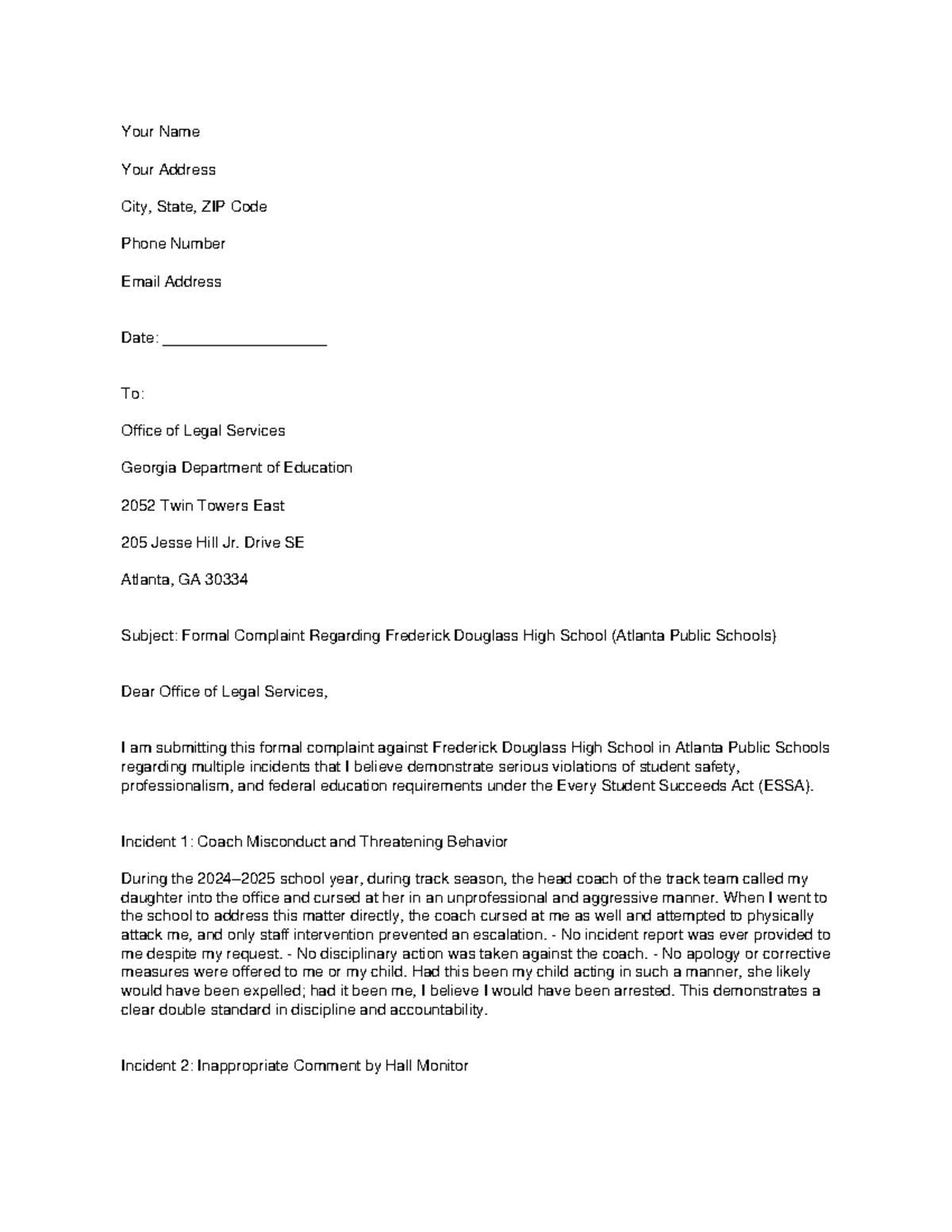 GA DOE Complaint Letter: Issues at Frederick Douglass HS - Studocu