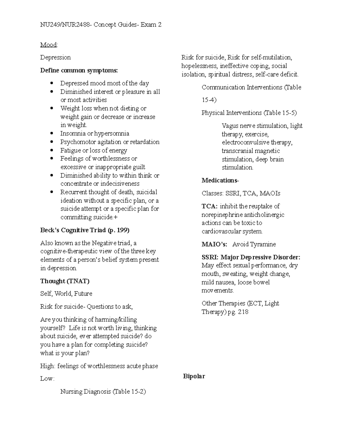 Key Concepts for Mental Health Exam 2 Study - Symptomatology ...
