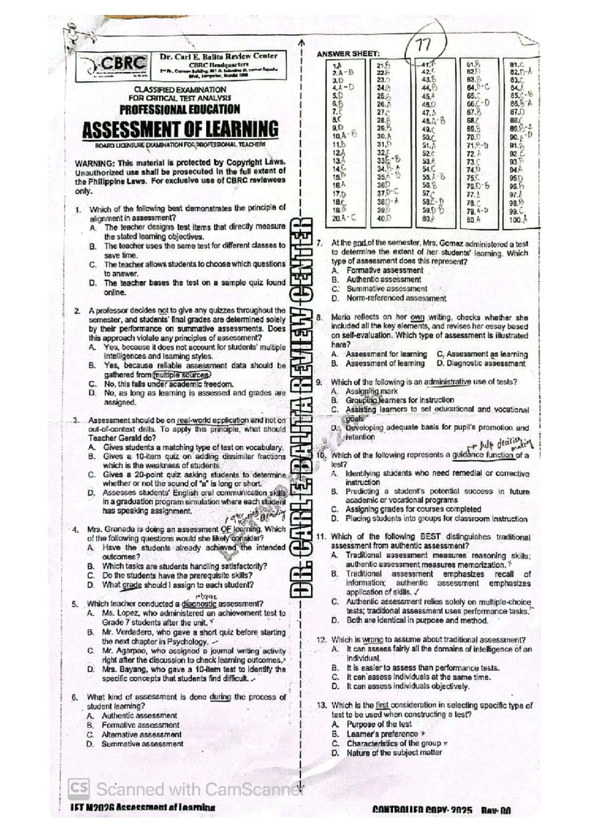 Prof Ed - Assessment of Learning: Comprehensive Review and Answer Key ...