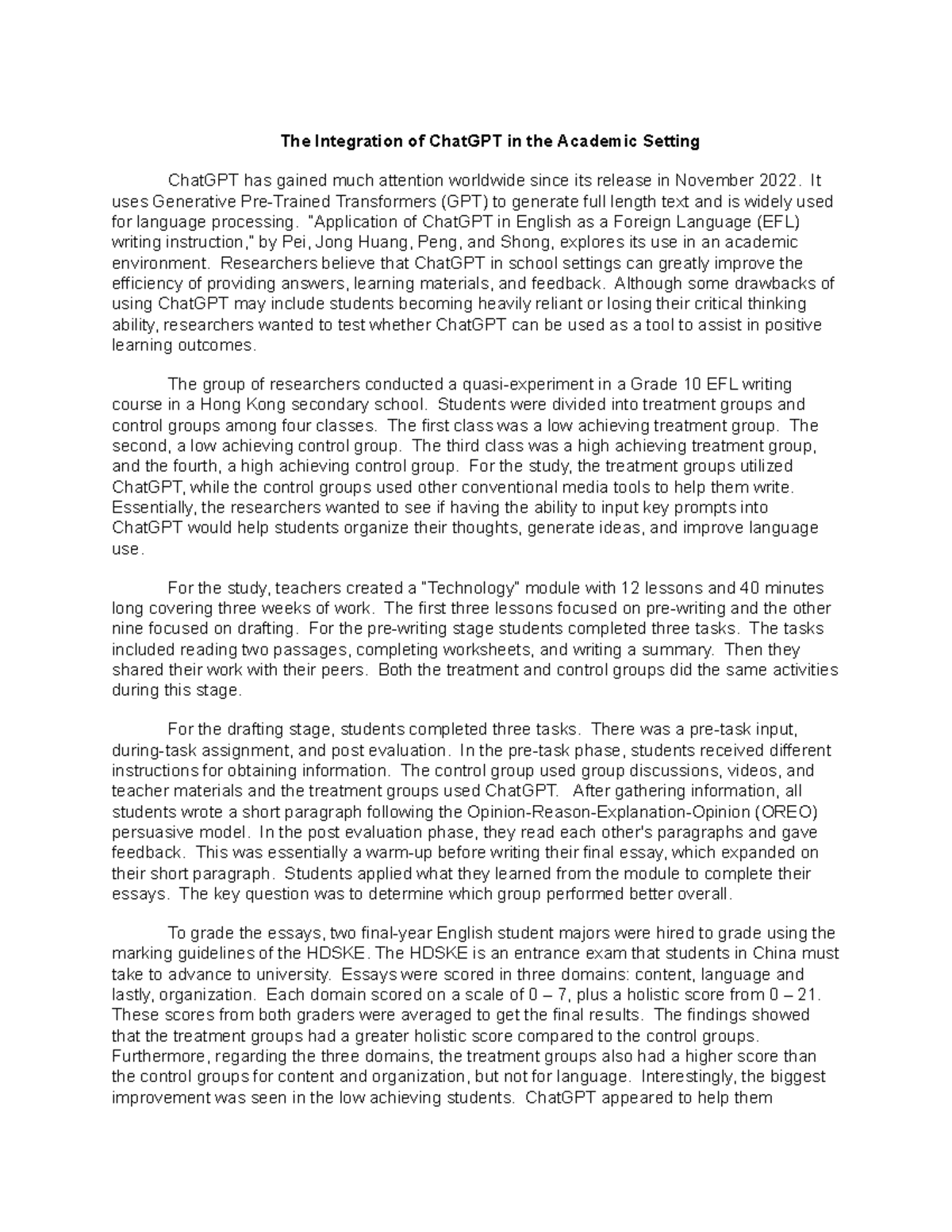 The Integration of ChatGPT in EFL Writing: A Grade 10 Study - Studocu