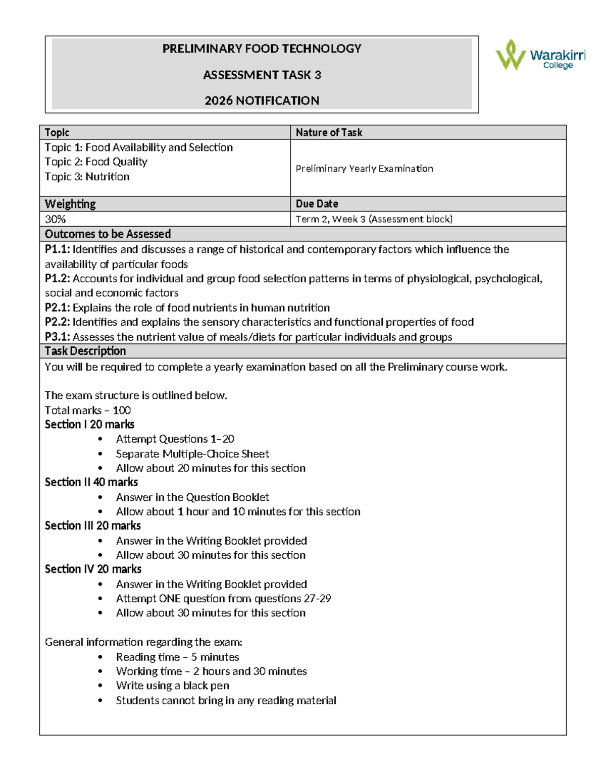 Preliminary Food Technology Assessment Task 3 Notification 2026 - Studocu