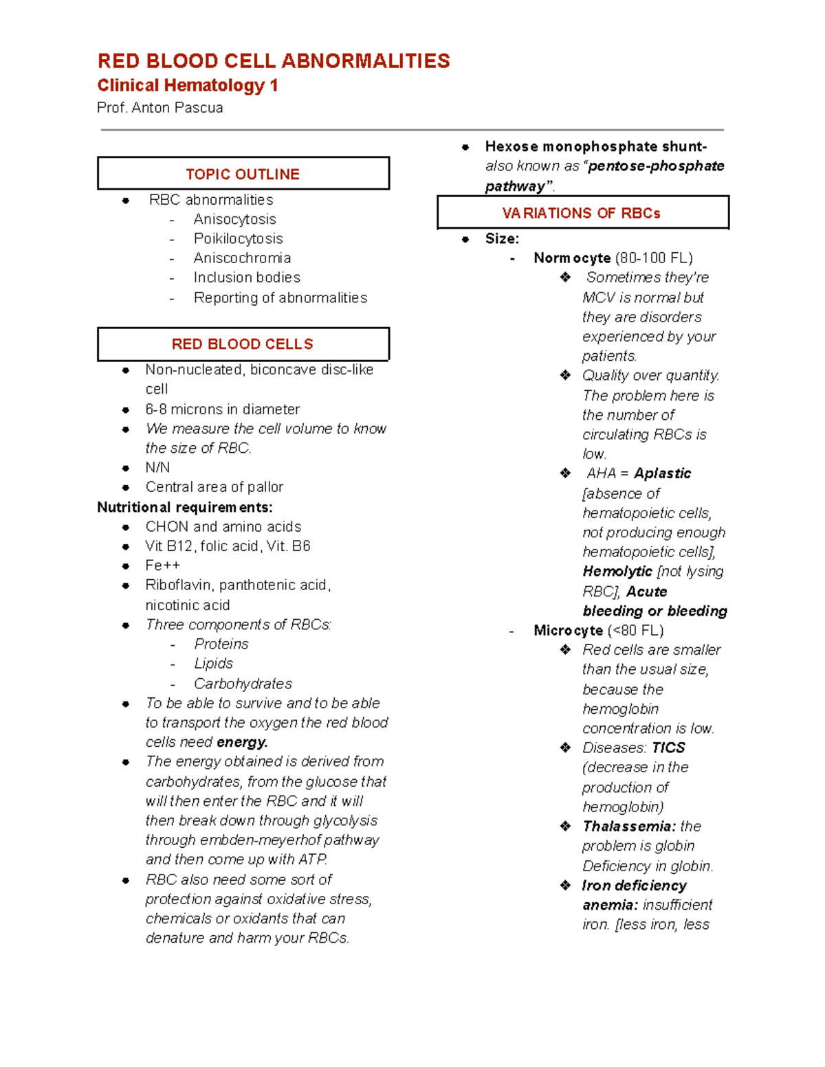 RED Blood CELL Abnormalities - Clinical Hematology 1 Prof. Anton Pascua ...
