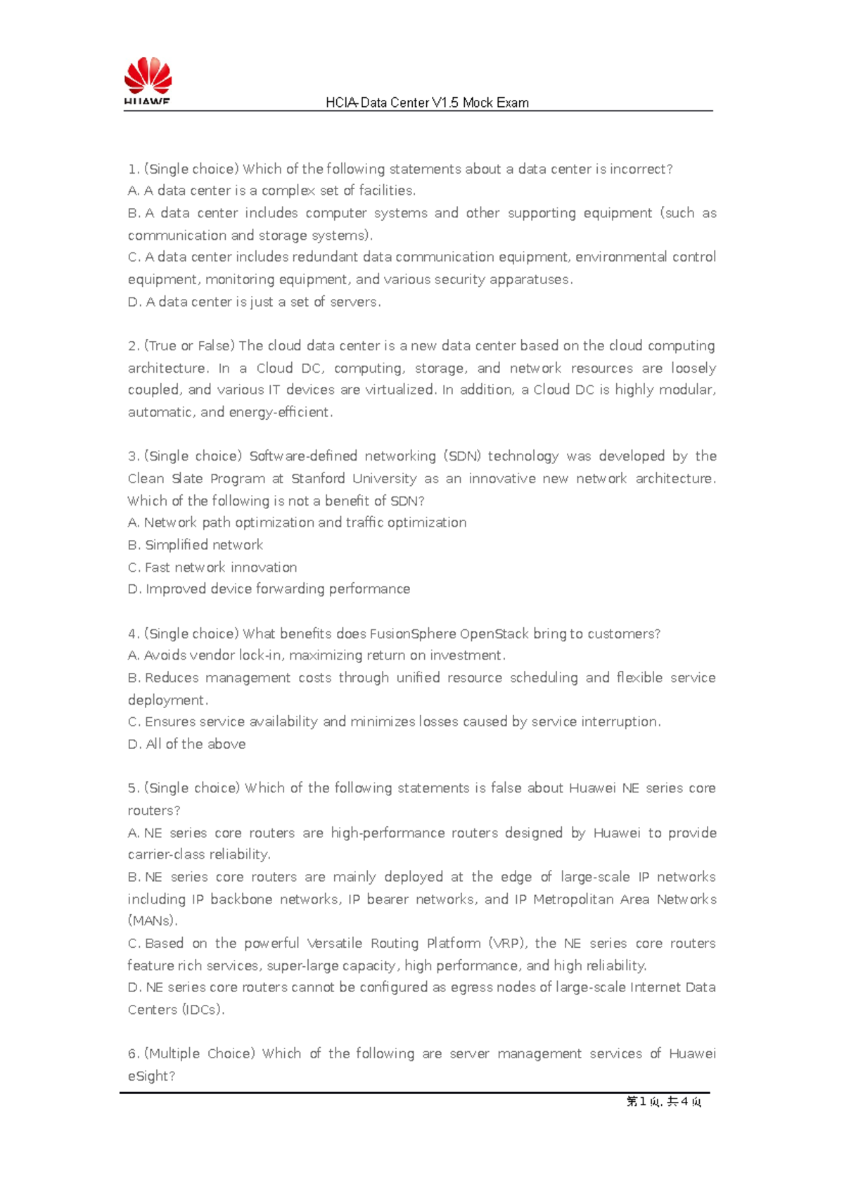 HCIA-Data Center V1.5 Mock Exam Review Questions and Answers - Studocu