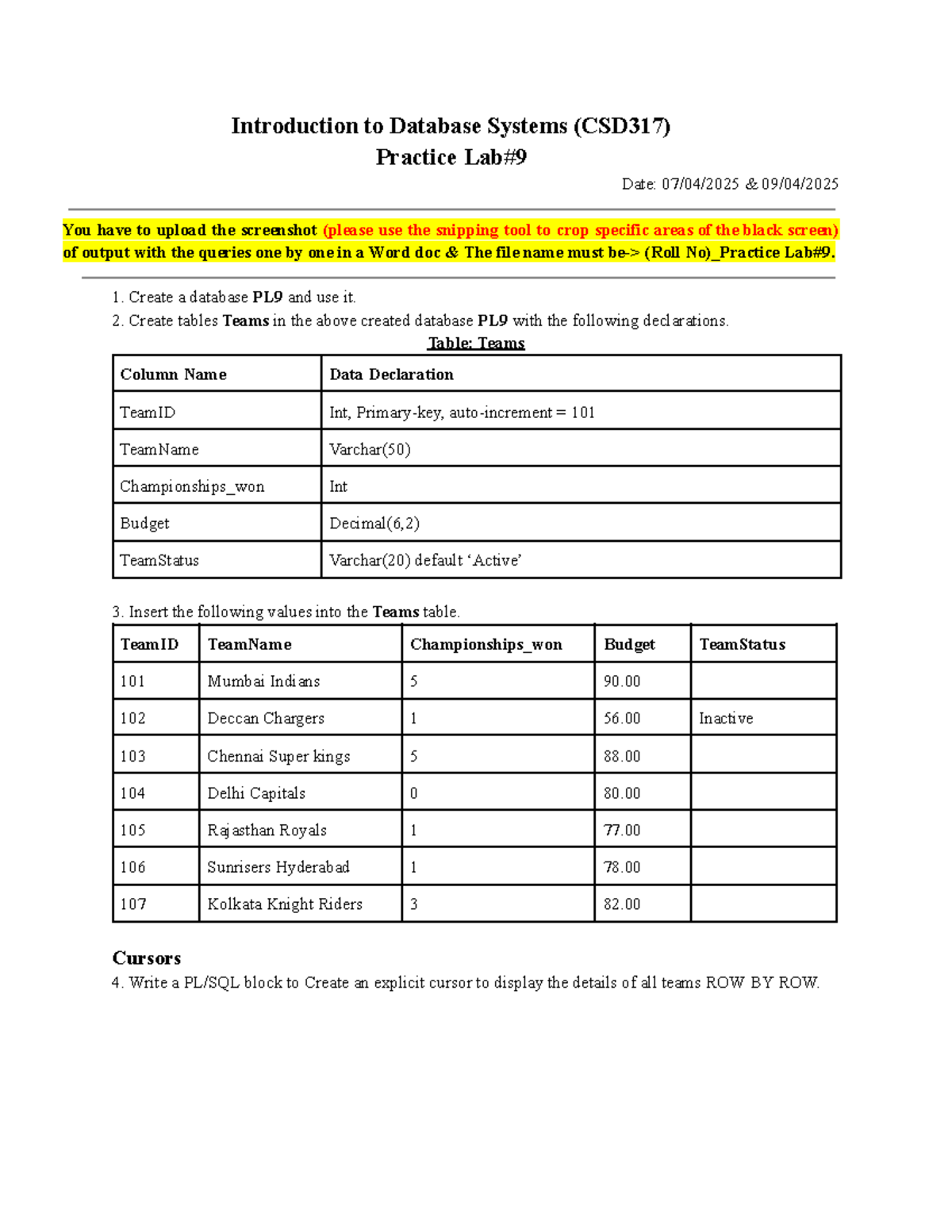 CSD317 - PL9 Database Practice Lab Guidelines and Exercises - Studocu