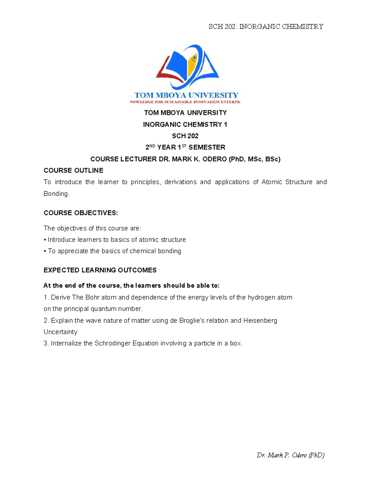 SCH 202: INORGANIC CHEMISTRY - WEEK 1 LECTURE NOTES - Studocu