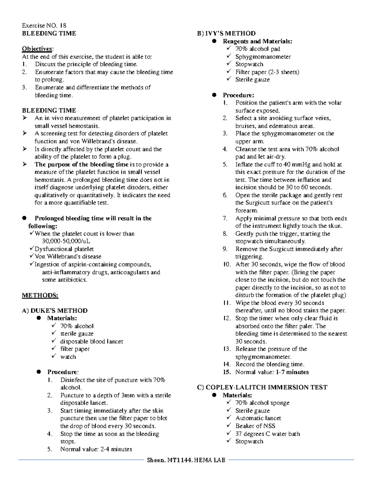 BLEEDING TIME & CLOTTING TIME: Exercise NO. 18 - Sheen. MT1144. HEMA ...