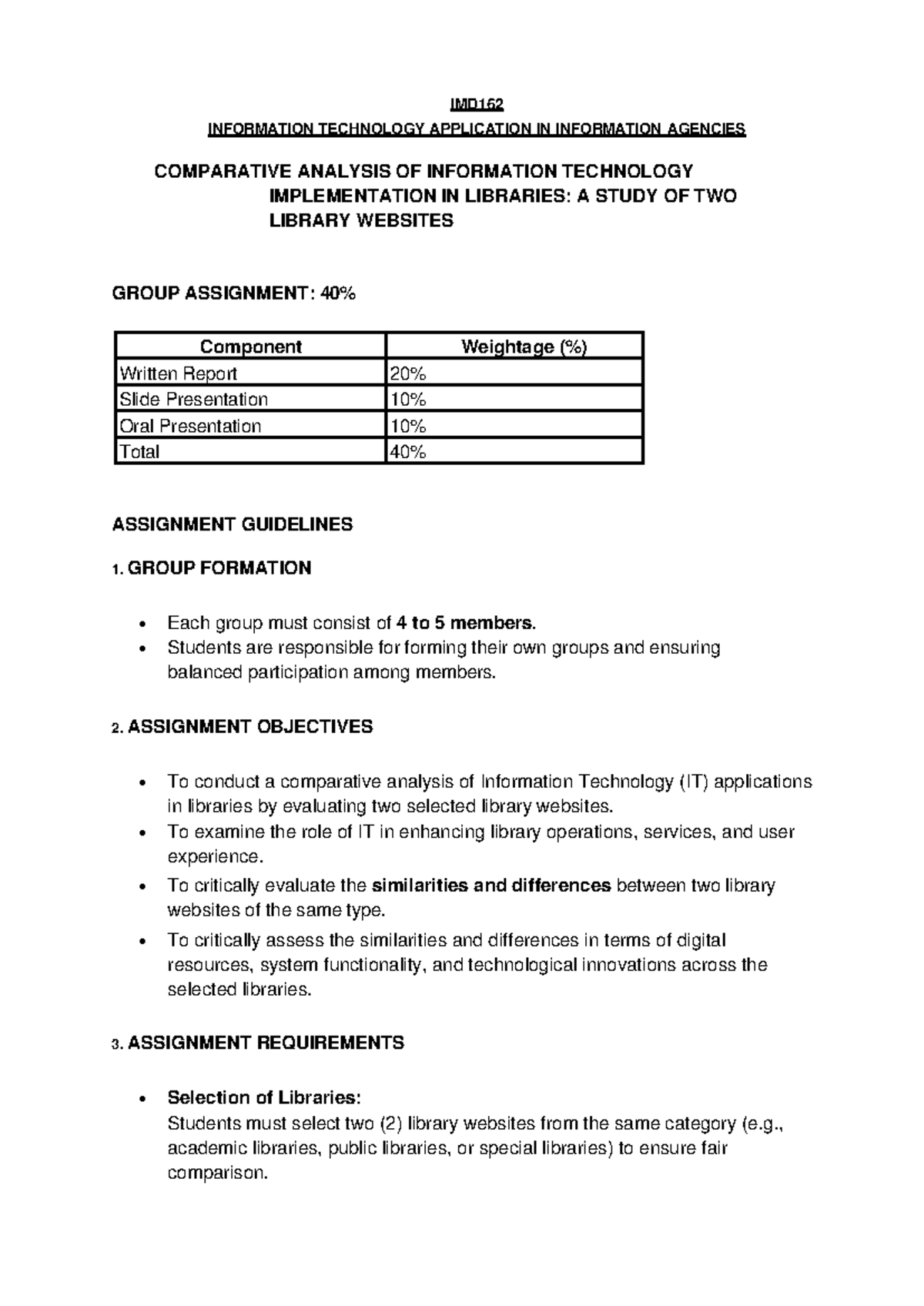 IMD162 Group Assignment: Comparative Analysis of IT in Libraries - Studocu