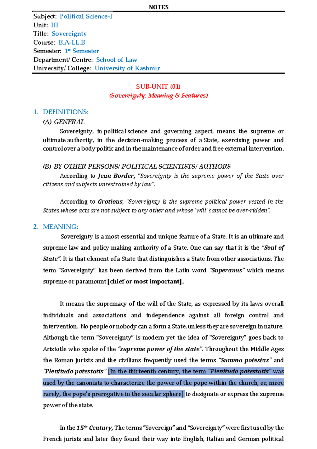 B.A-LL.B 1st Sem: Sovereignty Concepts & Theoretical Perspectives - Studocu