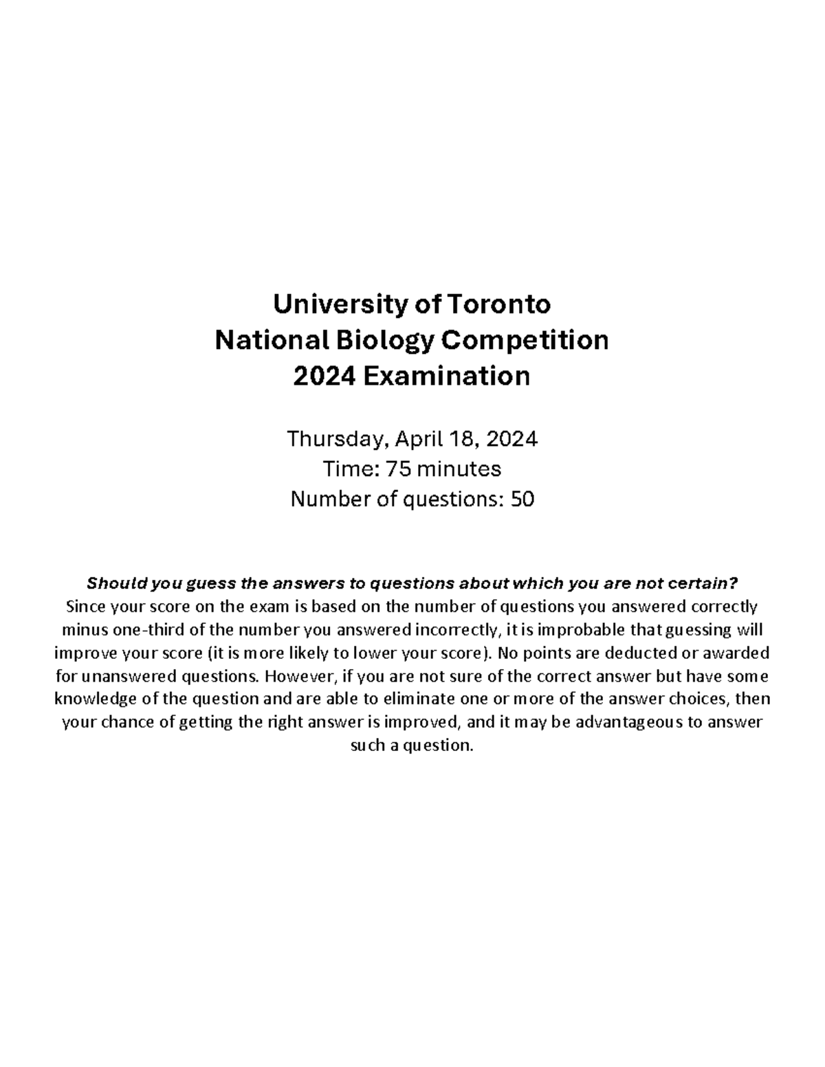 U of T National Biology Competition 2024 Exam Practice Questions - Studocu