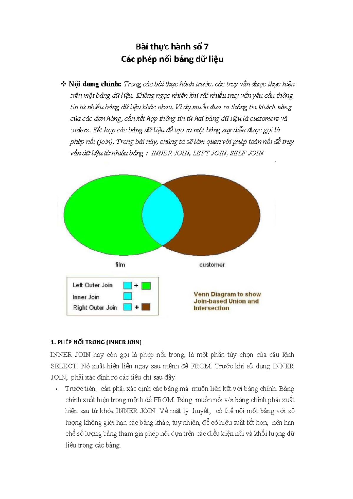 Bài thực hành số 7: Các phép nối bảng dữ liệu (INNER, LEFT, SELF JOIN ...