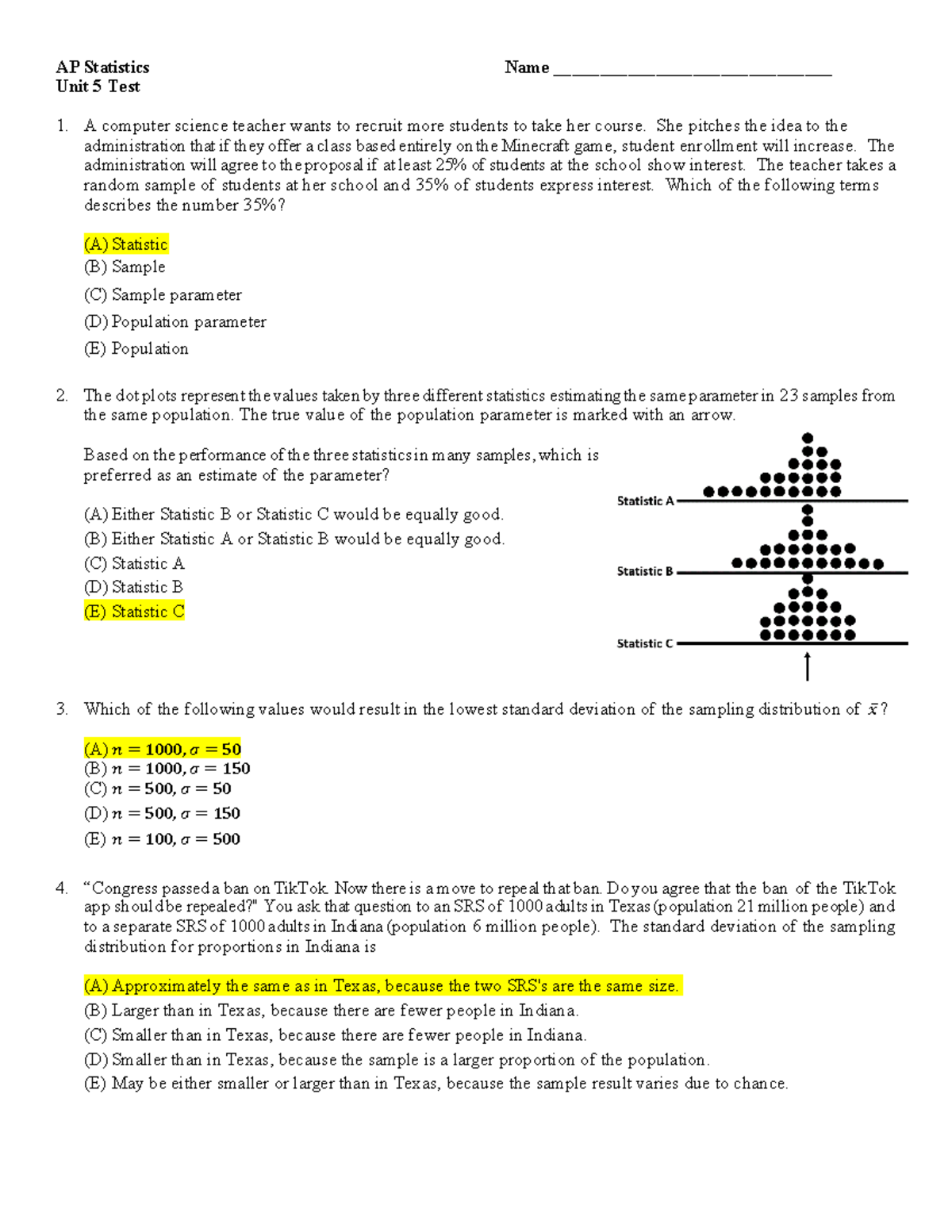 AP Statistics Unit 5 Test Version B Answer Key - Studocu