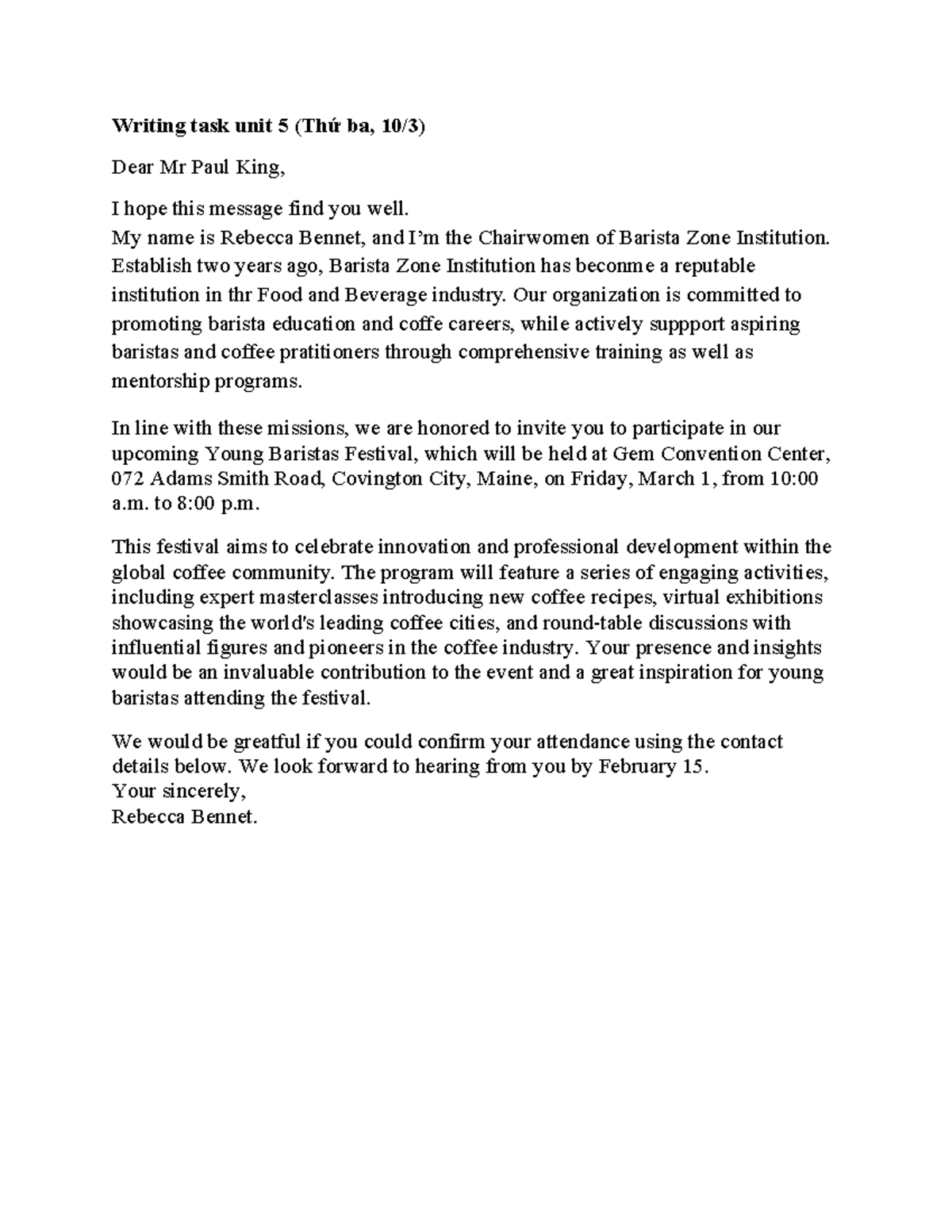 Unit 5 Writing Task: Invitation to Young Baristas Festival - Studocu