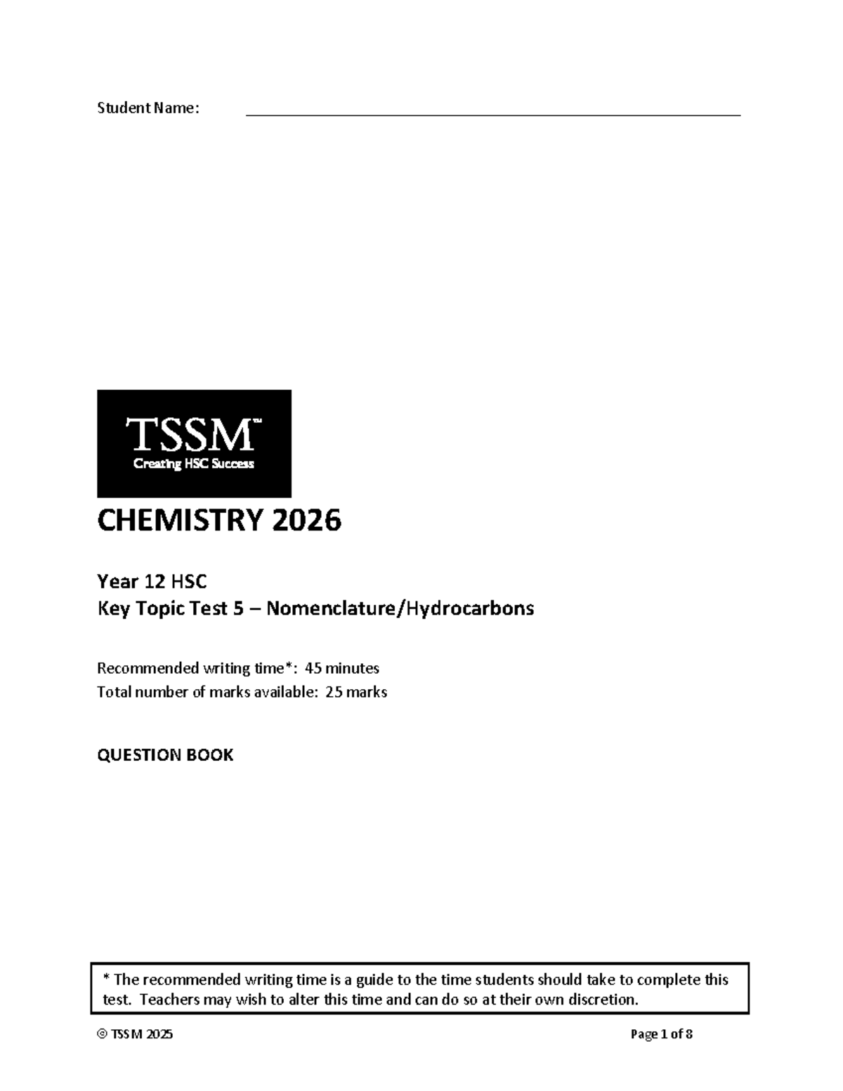 2026 Chemistry Year 12 HSC Key Topic Test 5: Hydrocarbons Question Book ...